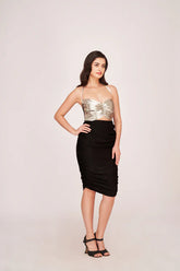 Black and Silver Satin Ruched Dress